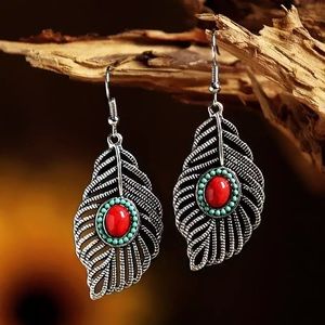 Bead Inlaid Leaf Shaped Dangle Earrings